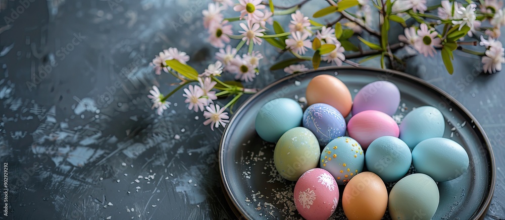Aufkleber Easter concept with colorful eggs on a textured plate against a rustic background accompanied by a spring bouquet Close up festive display with copy space image