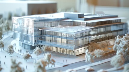 Generate a photo realistic image of a maquette representing a technology innovation center with research labs, startup incubators, and collaborative spaces