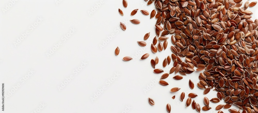 Poster Top view of flax seeds on a white backdrop with room for text in the image. Creative banner. Copyspace image