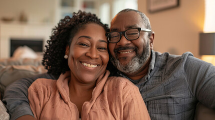 Fototapeta premium Happy couple sitting close on a couch