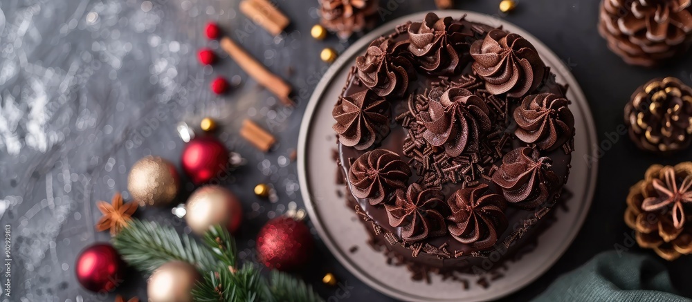 Aufkleber festive christmas cake with chocolate icing displayed on a gray wooden backdrop featuring holiday de