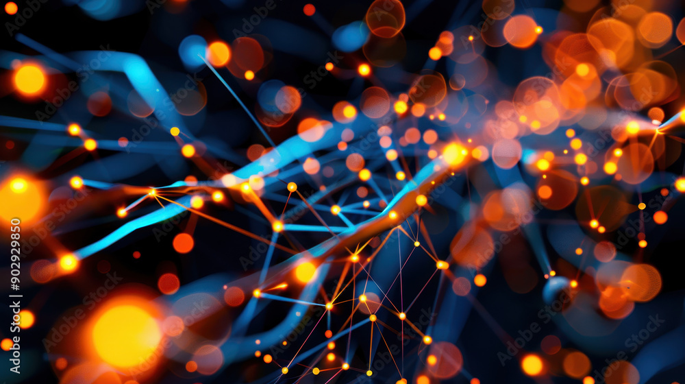 Poster abstract digital background with vibrant orange and blue glowing lights, creating a network of inter