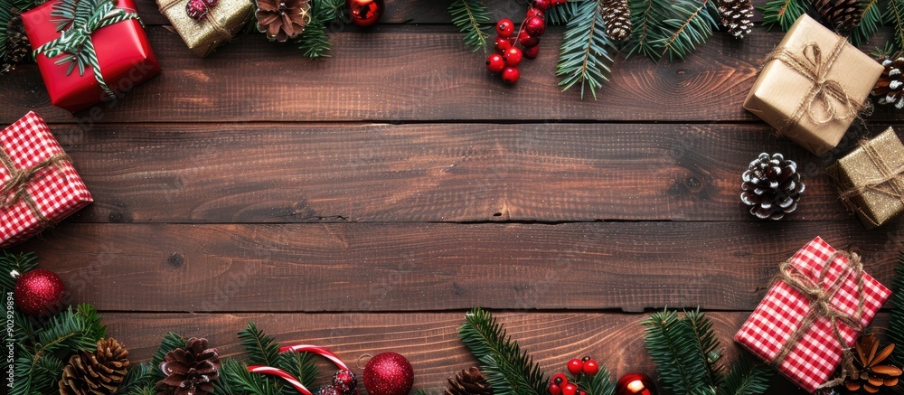 Fototapete overhead view of christmas decorations and presents displayed on a rustic wooden table creating a fe