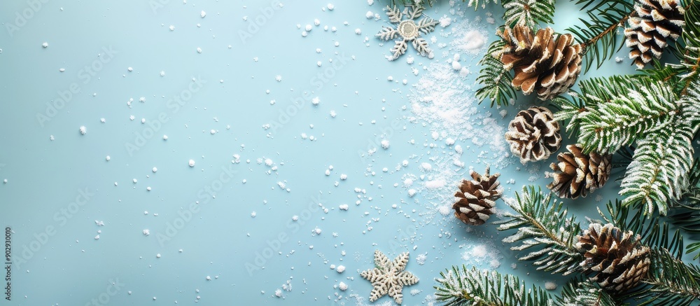 Poster Snowy fir tree branch snowflakes and fir cones on light blue backdrop with copy space image for Christmas winter holidays Merry Christmas or Happy New Year concept