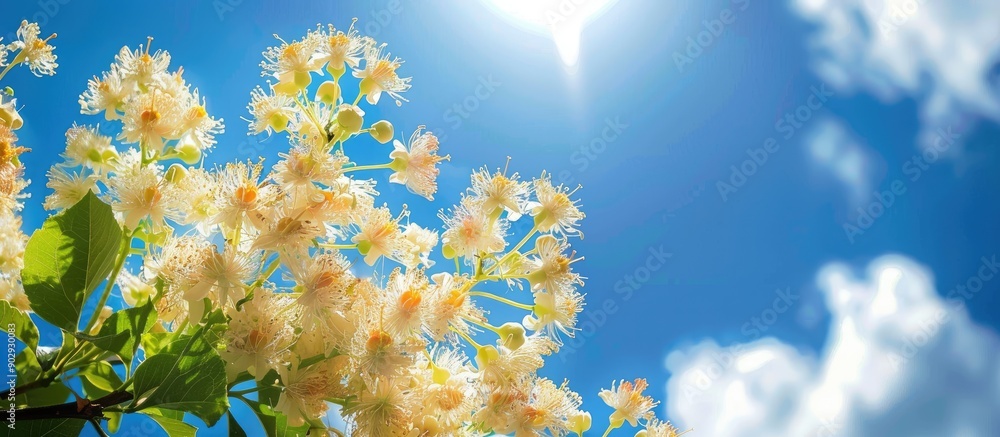 Poster flowering chestnuts set against a backdrop of a blue sky with fluffy clouds offering copy space imag