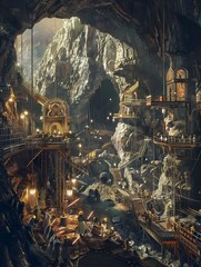 Highly Detailed Digital of Miners and Excavation Equipment in Underground Depths