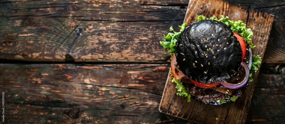 Poster A top down shot of a black burger with meat onions and lettuce set on a wooden backdrop providing empty space for additional content
