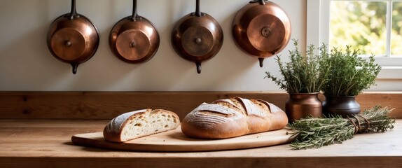 A rustic kitchen scene featuring freshly baked bread and herbs, evoking warmth and a cozy atmosphere perfect for cooking and gatherings.