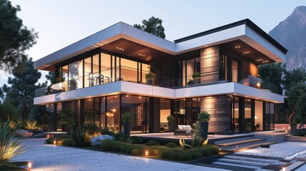 Modern Two-Story House Surrounded by Lush Landscape at Dusk With Mountain View