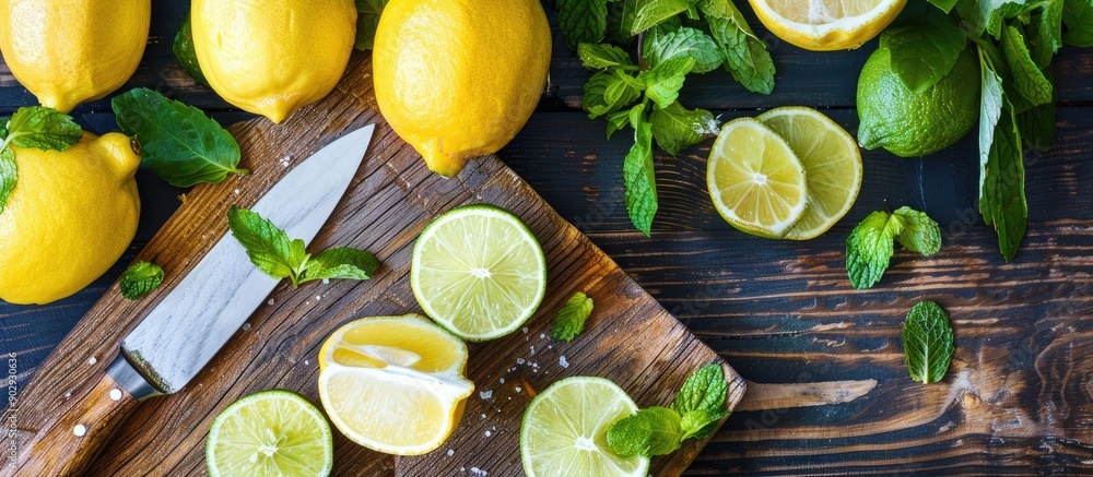 Poster A half of a yellow lemon and a knife on a wooden cutting board along with fresh mojito drinks with lime and lemon creating a composition of delicious citrus fruits Copy space image