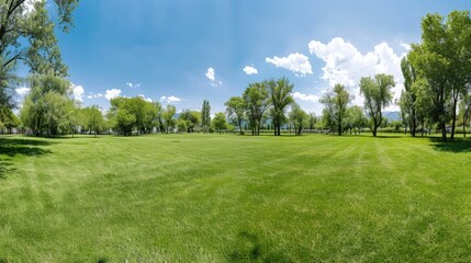 Obraz premium A vibrant green lawn stretches under a clear blue sky adorned with fluffy white clouds, showcasing neatly mowed grass and trees lining the landscape