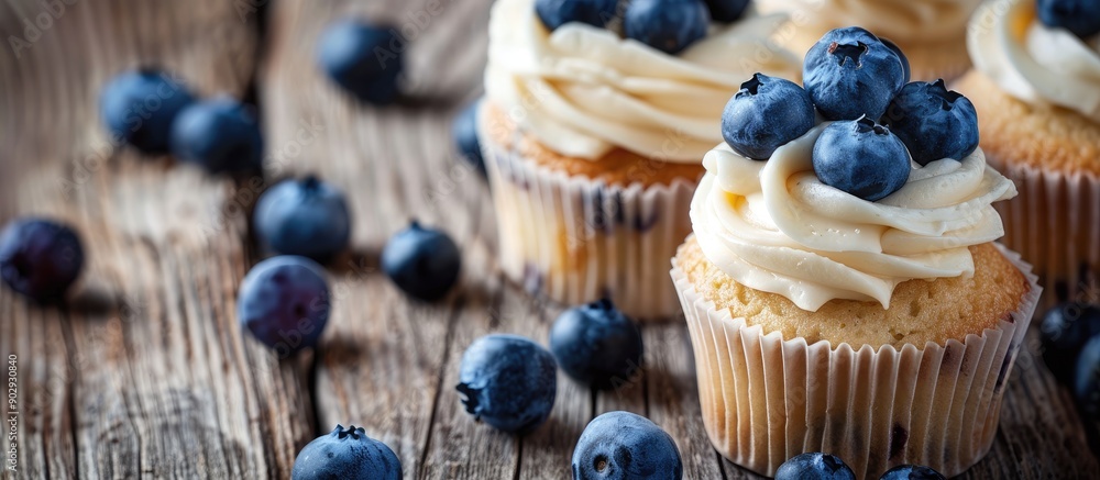 Poster Fresh cupcakes topped with ripe blueberries displayed on a rustic wooden surface with room for text in the image. Creative banner. Copyspace image