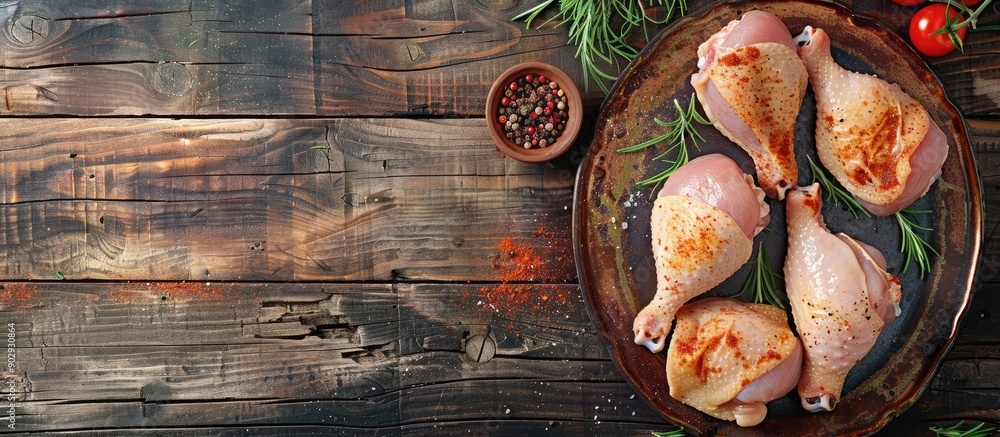 Fototapete raw chicken thighs and legs on a rustic table a potential meal or snack with a food background and a