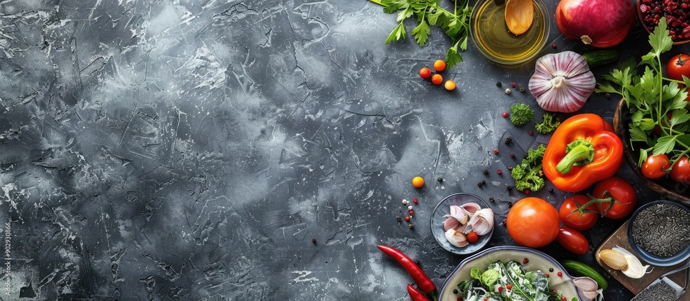 Poster Nutritious meal plan displayed on a dark gray backdrop Overhead view with space for text or image insertion. Creative banner. Copyspace image