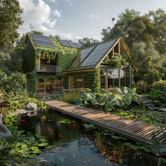 A garden house with a coffee shop and a koi pond.