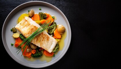 Cod confit with colorful vegetables, fresh chives, drizzled with infused olive oil, top view, generative AI