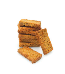 Rye croutons isolated on white background, homemade brown bread rusks, roasted salted snack    