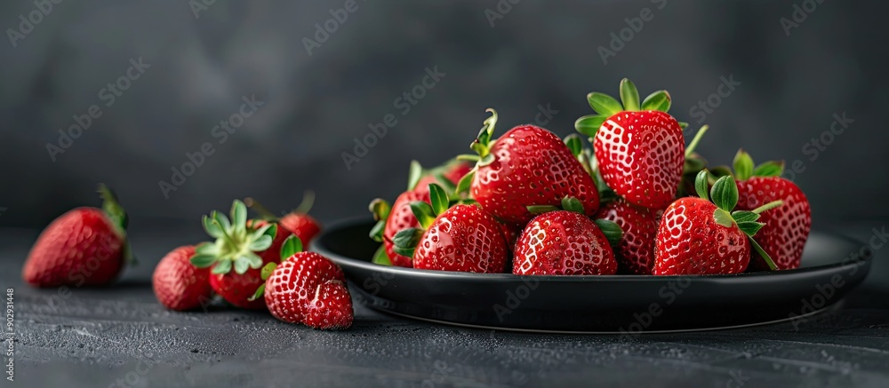 Aufkleber fresh ripe red strawberries displayed on a black round plate against a black background featuring or
