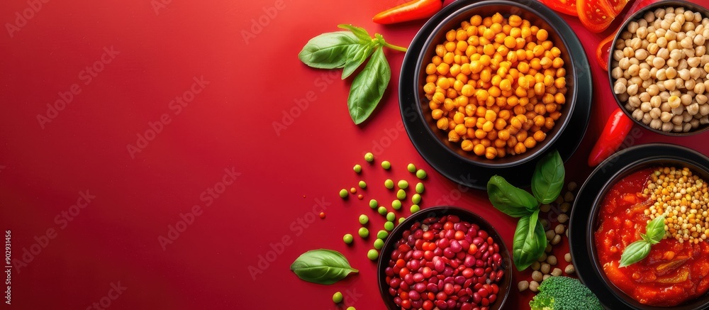 Poster a high quality photo of round bowls filled with legumes like chickpeas lentils and peas on a red bac