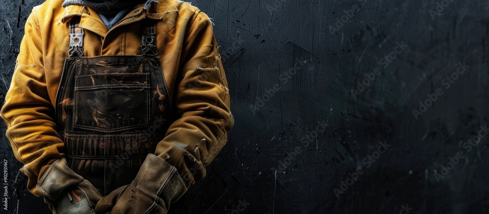 Poster A worker in unique attire and gloves on a dark background in a horizontal banner with copy space image