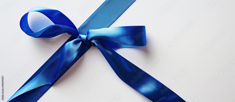 Fototapete white backdrop with a blue ribbon on a blank card for design with a copy space image