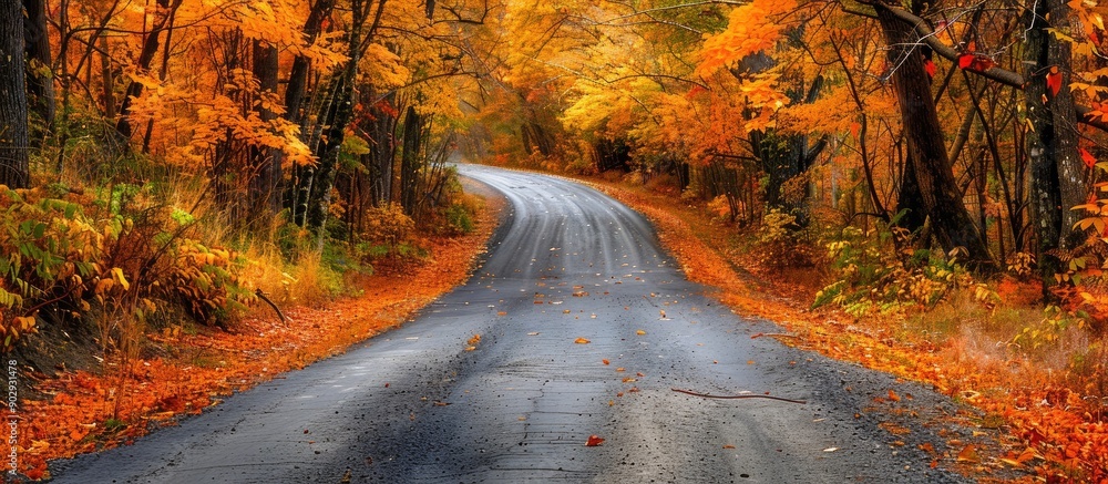 Poster An inviting country road bordered by vibrant autumn foliage creating a picturesque setting with room for a copy space image