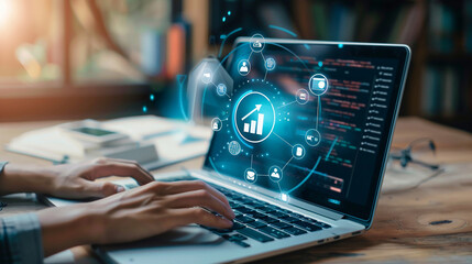 Professional upgrading skills through online courses with floating educational icons around the laptop