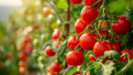 Obraz premium fresh red tomatoes on the tomato tree in the organic farm