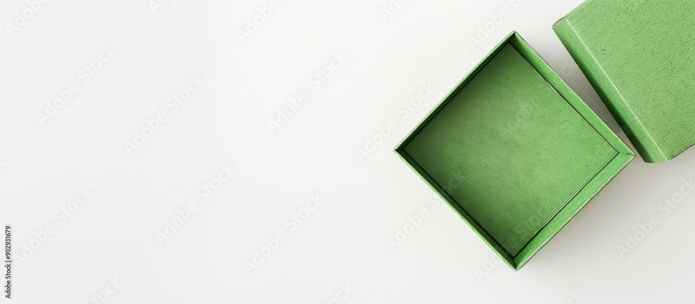 Poster Green gift box with an open lid made of cardboard placed against a white backdrop to showcase a blank area for text or design serving as a copy space image