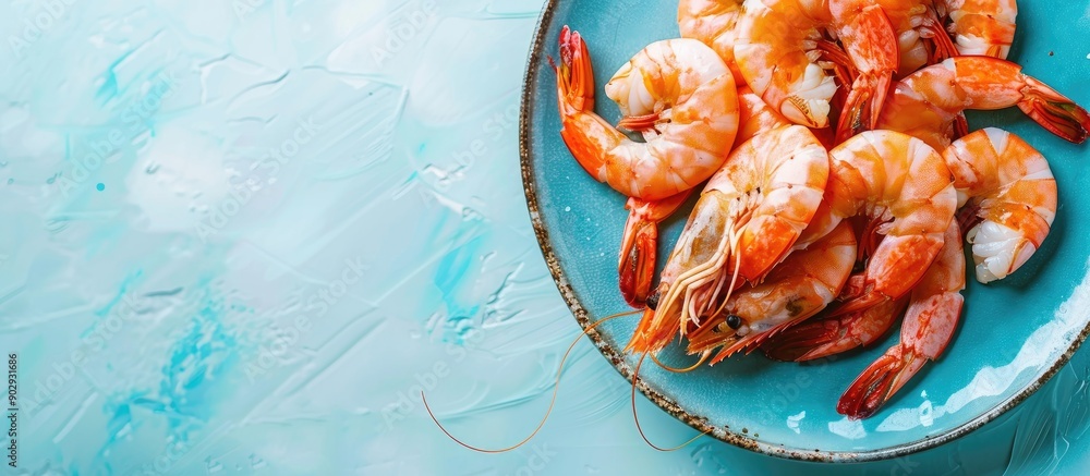 Poster Freshly cooked shrimps on an antique plate on a light blue background with space for adding text or other images emphasizing a seafood and health focused theme. Creative banner. Copyspace image