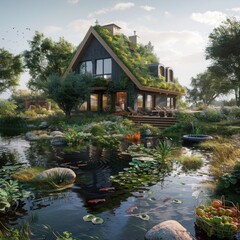 Fototapeta premium A garden house with a coffee shop and a koi pond.