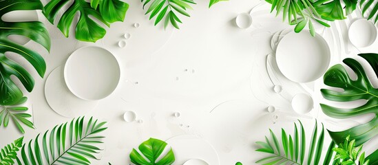 Fresh spring themed background with a white abstract design framed by circles and tropical green leaves in motion ideal as a backdrop for design ads or cosmetic products with copy space image