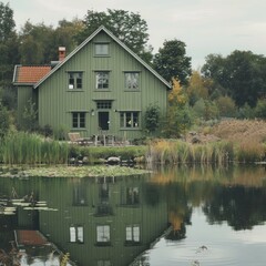 Obraz premium A garden house with a coffee shop and a koi pond.