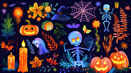Colorful Halloween-themed illustration featuring skeletons, pumpkins, bats, and various fall leaves on a dark background
