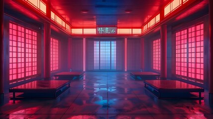 Futuristic Dojo with Neon Lit Cyber Environment for Martial Arts Practice