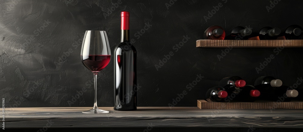 Poster Wine glasses and a red wine bottle are displayed against a black wall with ample copy space for customization capturing the elegant ambiance of a winery Various bottle types are showcased in the wine