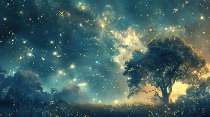 Obraz premium Starlight Forest: A Magical Night Sky Filled with Wonder and Dreams