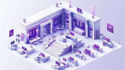 Modern Futuristic Office Space Design Featuring Collaborative Workstations and Interactive Technology in a Minimalist Aesthetic