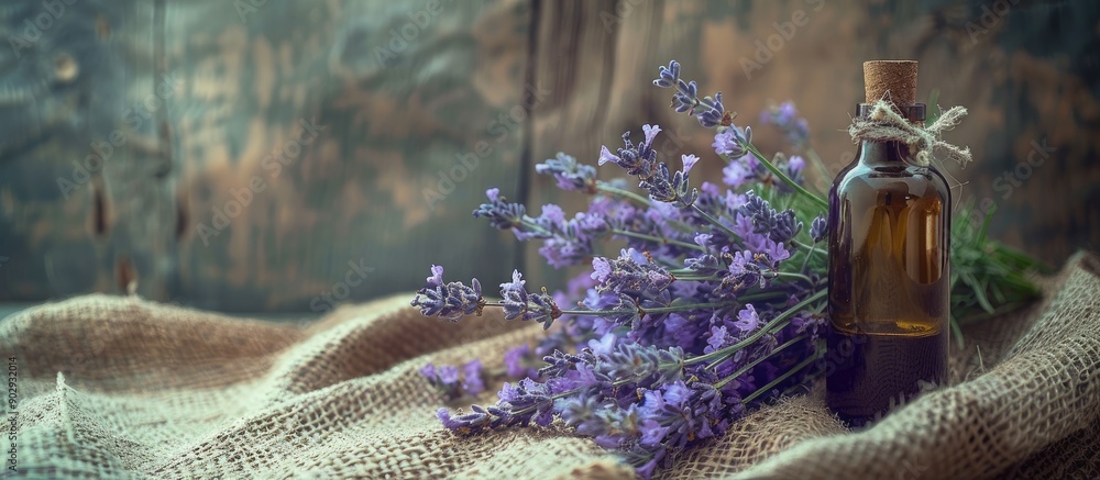 Poster fresh lavender flower bouquet and a bottle of lavender oil on sackcloth displayed in a rustic settin