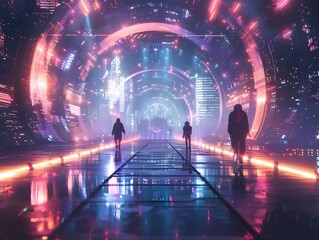 Fototapeta premium Futuristic Neon Lit Spaceport with Glowing Walkway and Travelers