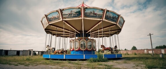A vibrant carousel with beautifully painted horses, evoking nostalgia and joy, ideal for family-friendly events and summer festivals.