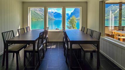 Serene Dining Overlooking the Stunning Fjords of Norway at Daylight