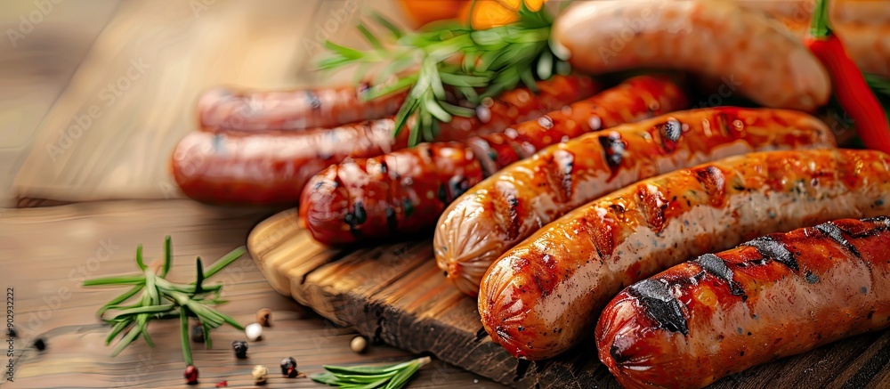 Poster A tempting and nutritious fresh meat product such as sausages made of chicken or pork as an appetizing and healthy meal or snack beautifully arranged on a rustic table with copy space image in the ba
