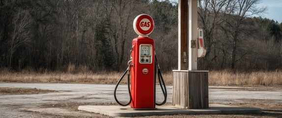 A vintage gas pump in a rural setting, evoking nostalgia and forgotten Americana, perfect for themes of travel and history.