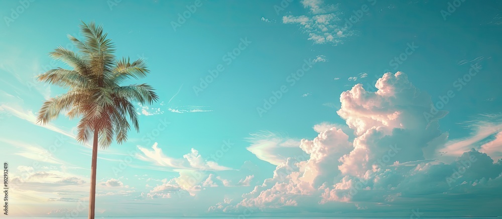 Poster summer beach scene with a palm tree under a blue sky with fluffy clouds offering copy space soft pas