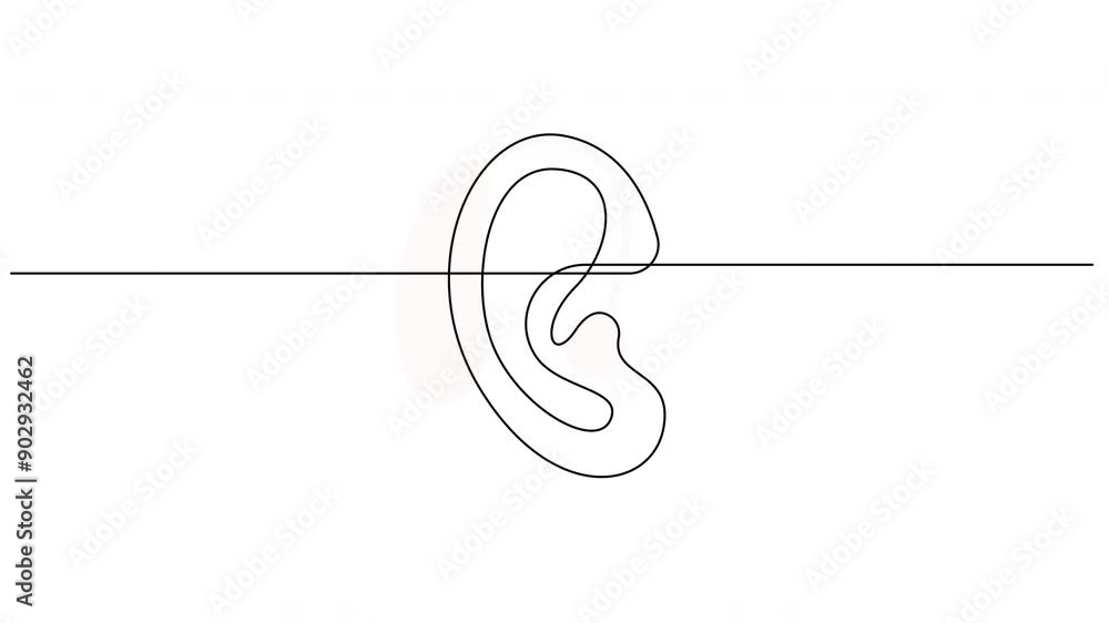 Poster self drawing animation of hearing aid in human ear drawn by continuous one line. hearing device with