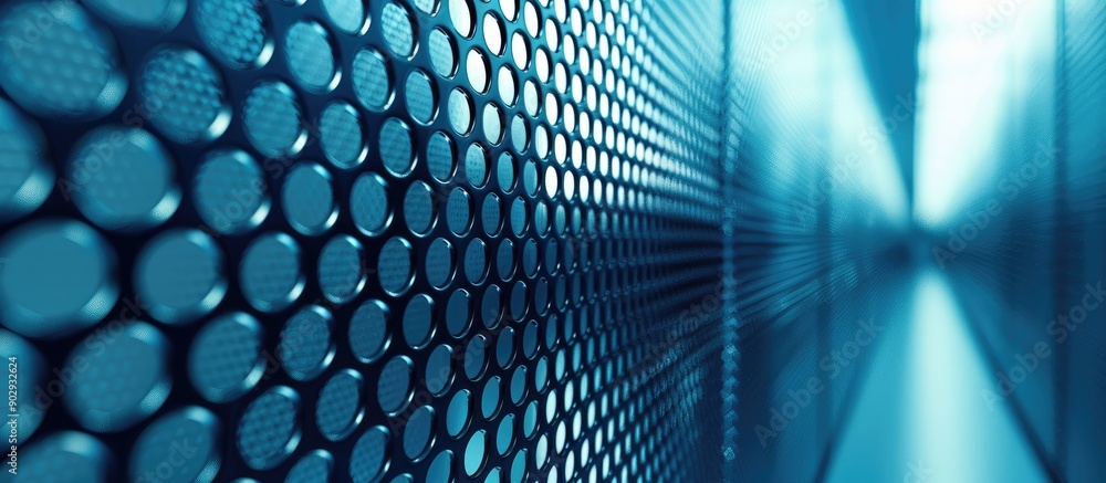 Poster Abstract geometric pattern on metal grid with a blue background ideal for copy space image