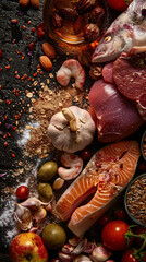 CoQ10 Extract Highlighted on Glowing Skin Surrounded by High-Quality Organ Meats, Fish, and Whole Grains for Wellness Promotion