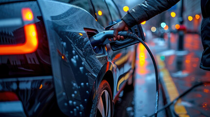 Close-up of a hand plugging in an electric vehicle for charging.