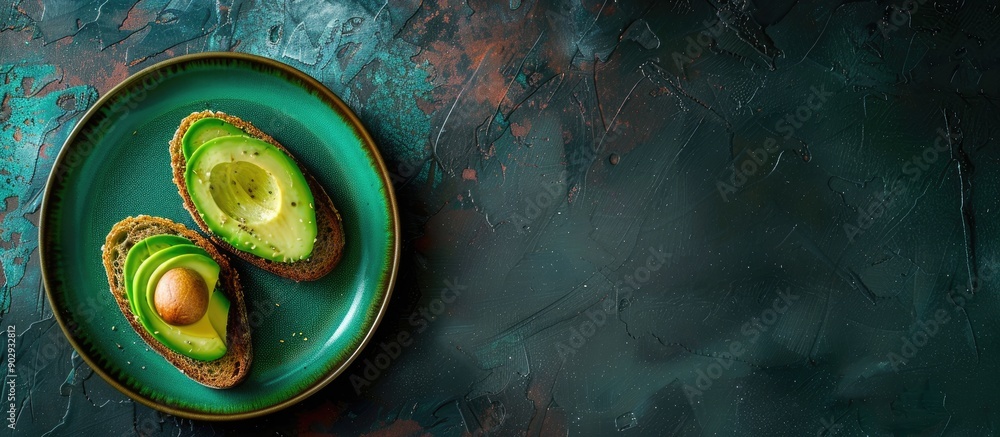 Poster Top view of two avocado toast slices on a dark background displayed on a turquoise plate providing copy space image